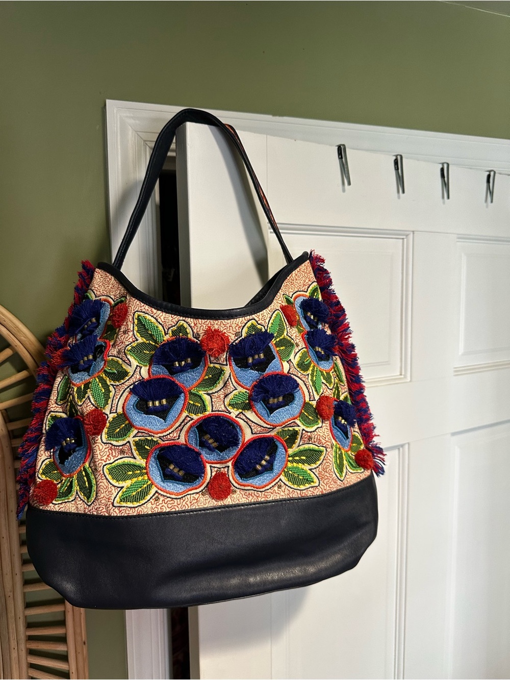 Navy Leather Floral Embroidered Tory Burch Purse, Tote, Shoulder Bag - Picture 2 of 5